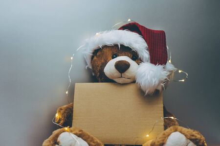 Christmas card with Teddy bear holding a place for text and other Christmas decor light garland. Toned photo, copy space.の写真素材