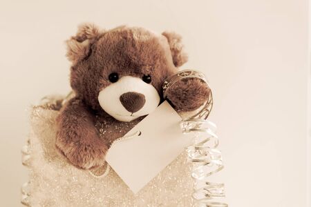 Christmas card with Teddy Bear With a gift and holiday decoration. Christmas Teddy bear holding a place for text and other Christmas decor.の写真素材