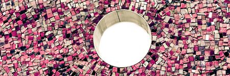 Mosaic on the wall with fragments of purple, pink, lilac, white, black colors with small round...