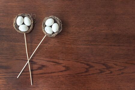 Easter eggs on wooden table the simple rustic background, easter holiday concept. Copyspace for...