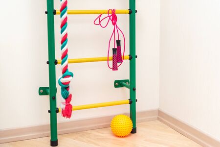 Children's Sports Area. Ladders, ropes, balls, jumping ropes in home. Sports equipment for mobile...