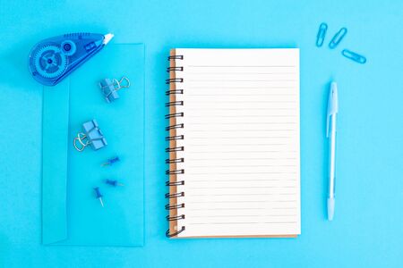 School supplies in ligth blue pastel color Back to school concept. Flat lay, Top viewの写真素材