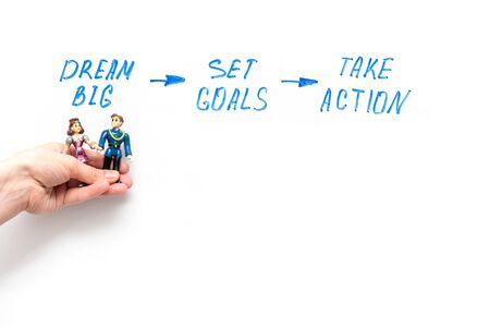 Dream Big - Set Goal - Take Action, handwriting on On a marker board. Miniature human figures of man and woman together in hand, symbol of union, partnership, family business.の写真素材
