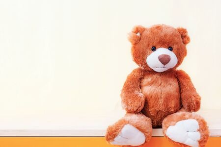 Teddy Bear stuffed toy sits on shelf on yellow background. Education, parenting and childhood baby concept. Copy space for text.の写真素材