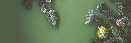 Green christmas background with fir branch and vintage glass toy