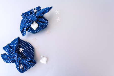 Christmas card with gifts wrapping on furoshiki traditional Japaneseの写真素材