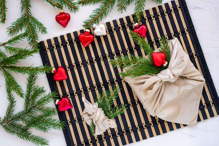 Xmas furoshiki wrapping, ethical christmas gift, zero waste conceptの写真素材