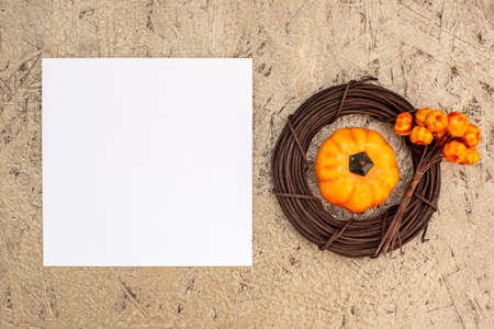 White empty card and autumn decor. copy space.の写真素材