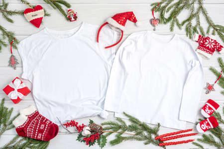 Christmas mockup t-shirt on white background flatlay, copyspaceの写真素材