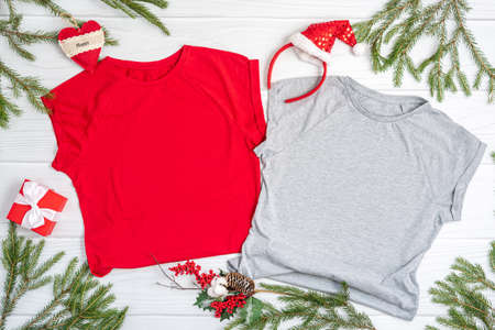 Christmas mockup t-shirt on white background flatlay, copyspaceの写真素材