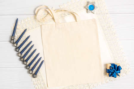 Jewish holiday Hanukkah mockup tote bag on white background
