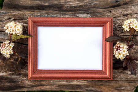Paper in frame and gentle white flowers on rustic table