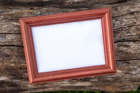 White blank card in vintage frame on rustic wooden surfaceの写真素材