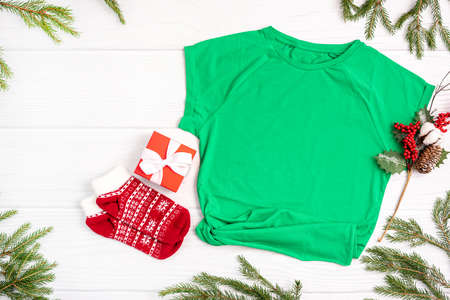 Christmas mockup t-shirt on white background flatlay, copyspaceの写真素材