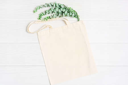Beige blank template as commercial shopping tote bag canvas and green eucalyptus plant branch on...