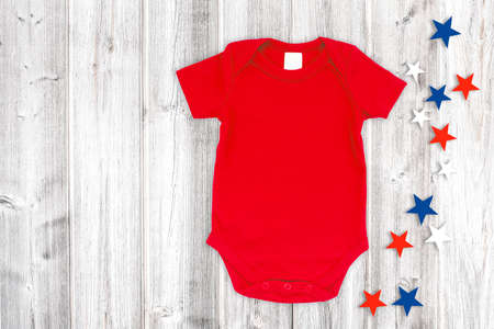 4th of July Baby Bodysuit Mockup. Baby Bodysuit Mockup Red White Blue Patriotic Flat Layの写真素材