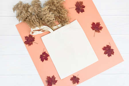 Autumn mockup with tote bag blank and dry reeds on white wood backgroundの写真素材