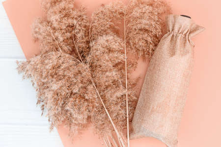 Fall mockup with wine bottle bag blank and dry reeds on white wood background.