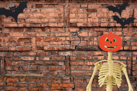Halloween decorations skeleton with bats on old red brick background. Halloween concept. Flat lay, top view, copy spaceの写真素材