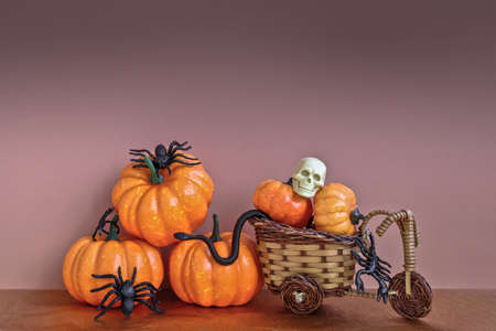 Composition of pumpkins, spiders and snakes with a human skull. Halloween concept, copy space. Blank...