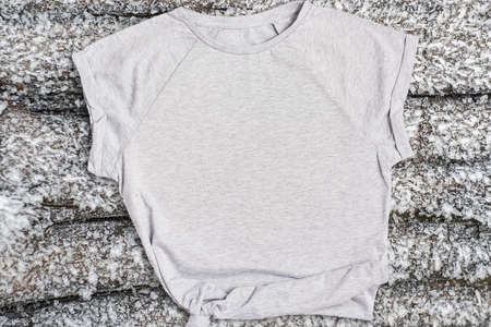 Blank Gray Shirt Mockup on frozen wood background. Winter mockups. Christmas flatlay mock up on wood textured with ice.の写真素材