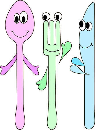 Illustration of spoon, fork and knife with eyes and a smile. Vector illustration. Abstract pattern.のイラスト素材