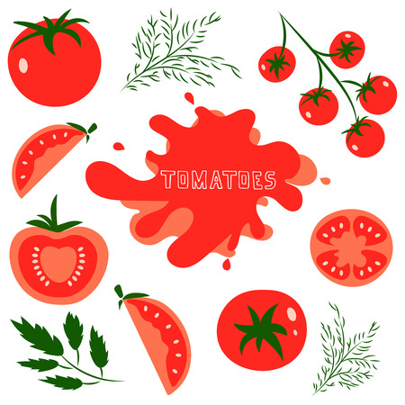 Set of fresh healthy red tomatoes made in flat style. Great for design of healthy lifestyle or diet. Single tomato, half a tomato, a slice of tomato, cherry tomato. Vector illustration.のイラスト素材