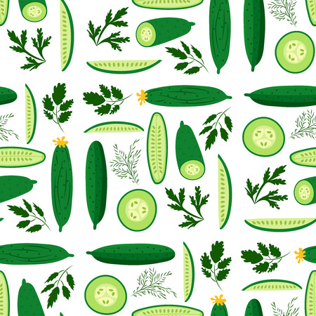 Vector seamless pattern with ripe cucumbers. Great for design of healthy lifestyle or diet. For wrapping paper, textiles and other food designs.Vector illustration.のイラスト素材