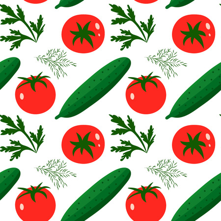 Vector seamless pattern with red tomatoes and ripe cucumbers. のイラスト素材