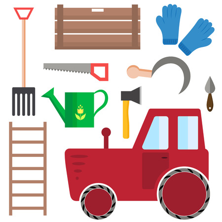 Set of farming harvesting and garden tools in flat style. Agriculture, harvest or farm decorative icons.のイラスト素材