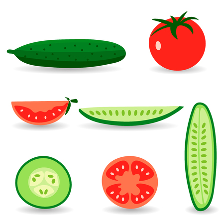 Red tomatoes and ripe cucumbers. Great for design of healthy lifestyle or diet.のイラスト素材