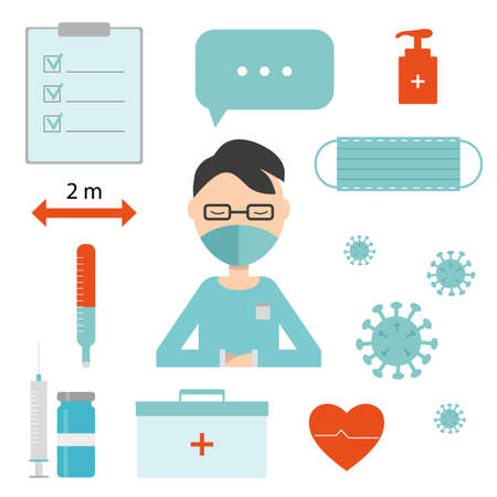 Set of doctor, vaccine, disinfectant, thermometer, heart, coronavirus, distance, suitcase, protective maskのイラスト素材