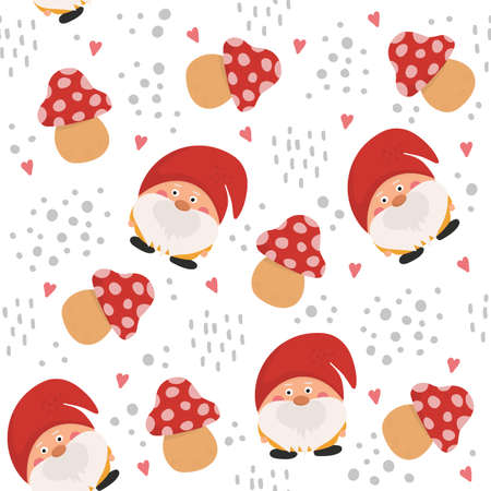 Fairytale fantastic gnome cartoon doodle funny vector seamless patternのイラスト素材