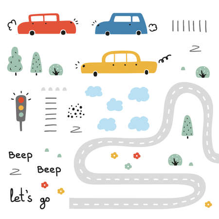 Cute map creator with cars, trees, road, text. Hand drawn vector illustrationのイラスト素材
