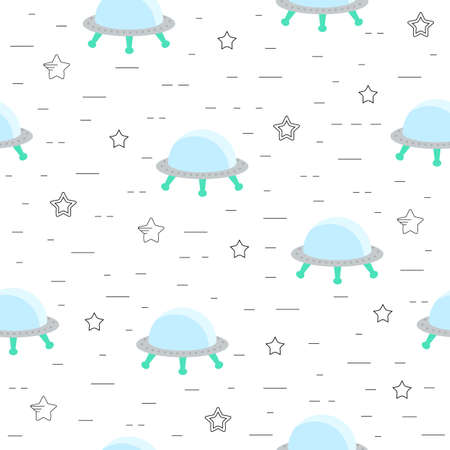 Seamless childish pattern with space, ufos and starsのイラスト素材