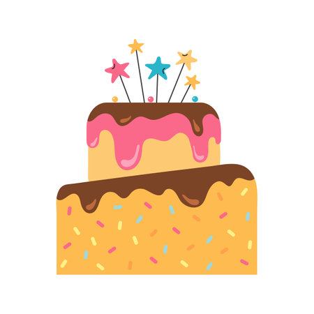 Bright birthday cake vector isolated illustration. Happy birthday child party celebrationのイラスト素材