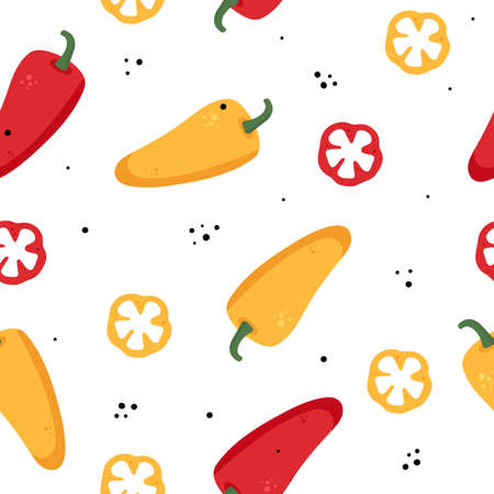 Bell pepper seamless pattern on white background. Yellow and red paprika, slices. Vector illustrationのイラスト素材