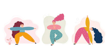 Set of sportive young woman doing yoga and fitness exercises. Healthy lifestyle.のイラスト素材