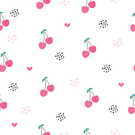 Seamless pattern of cherry fruit with green leaves