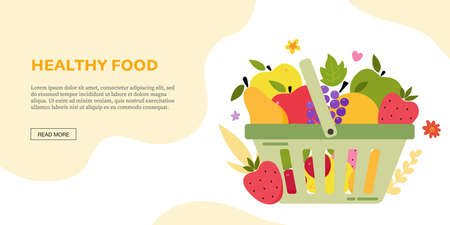 Modern banner with grocery basket full of fruitsのイラスト素材