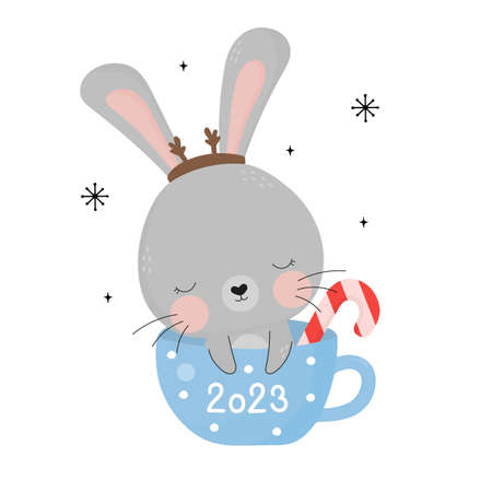 Happy new year funny cute bunny in a mugのイラスト素材
