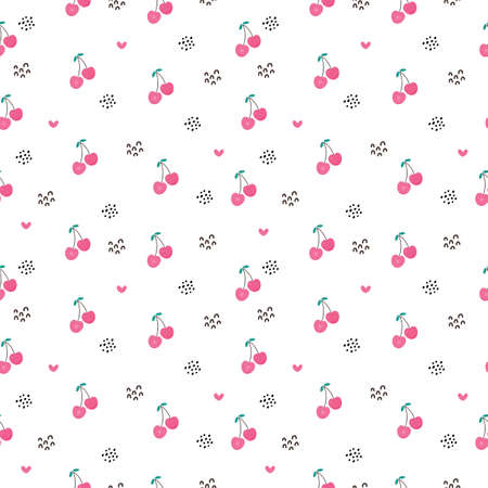 Seamless pattern of cherry fruit with leaves