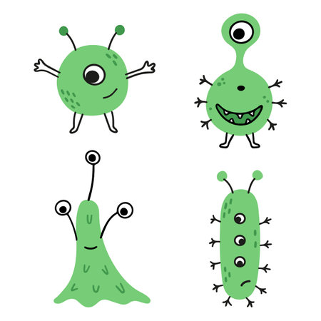 Set of cartoon green doodle germs and bacteriasのイラスト素材