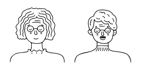 Doodle old woman and man with glasses portraitのイラスト素材