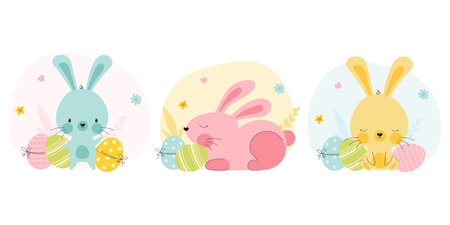 Set of Easter Bunny and eggs illustrationsのイラスト素材