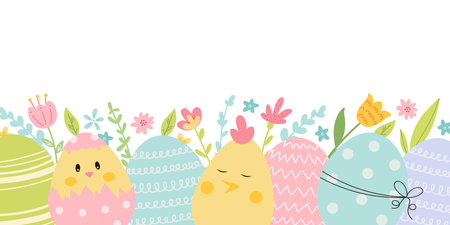 Easter banner with with eggs, chicken and flowersのイラスト素材
