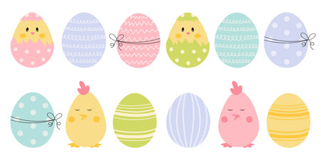 Easter set with eggs, chick in shell and chicken