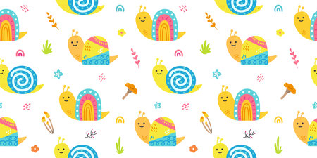 Seamless pattern with snails, rainbow and flowersのイラスト素材