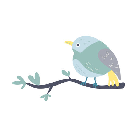 Spring bird on tree branch with leavesのイラスト素材