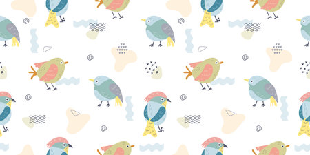 Cute funny spring birds seamless vector patternのイラスト素材